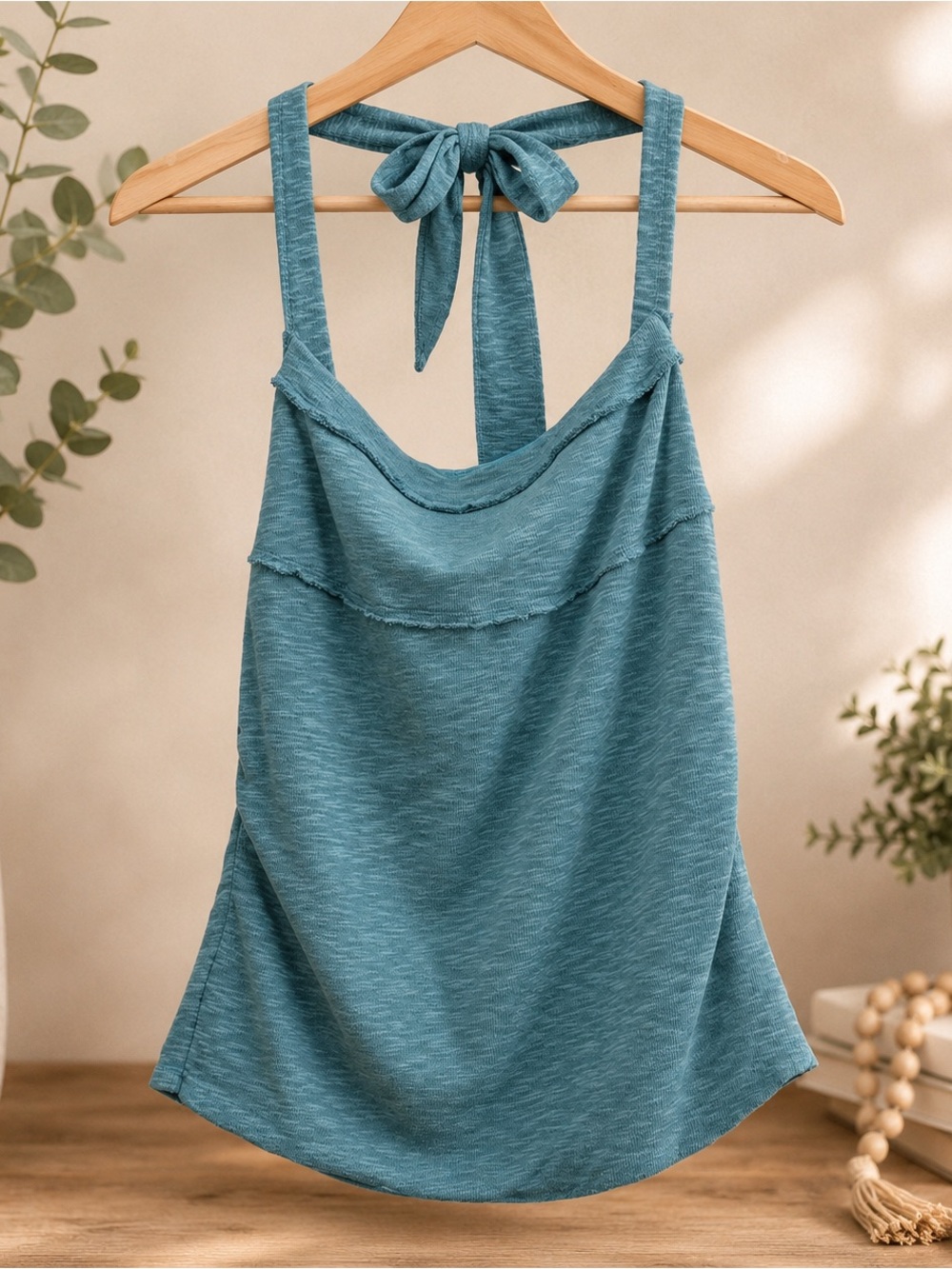 Free People Blue Teal Raw Edge Tie Back Halter Tank Top